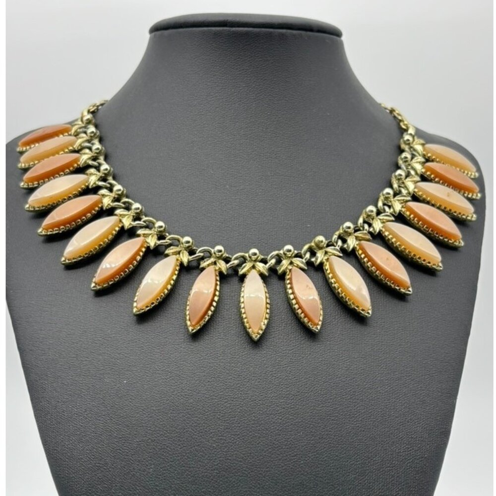 Vintage Lucite Peach & Tan Hanging Elements Gold-Tone Necklace Matching Bracelet